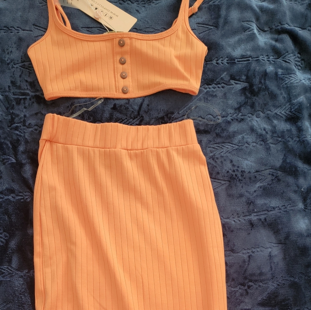 Orange rib long skirt coordinates